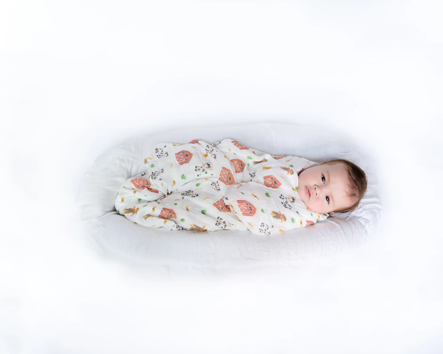 Baby wrapped in farm pattern Mama Cookie bamboo muslin swaddle